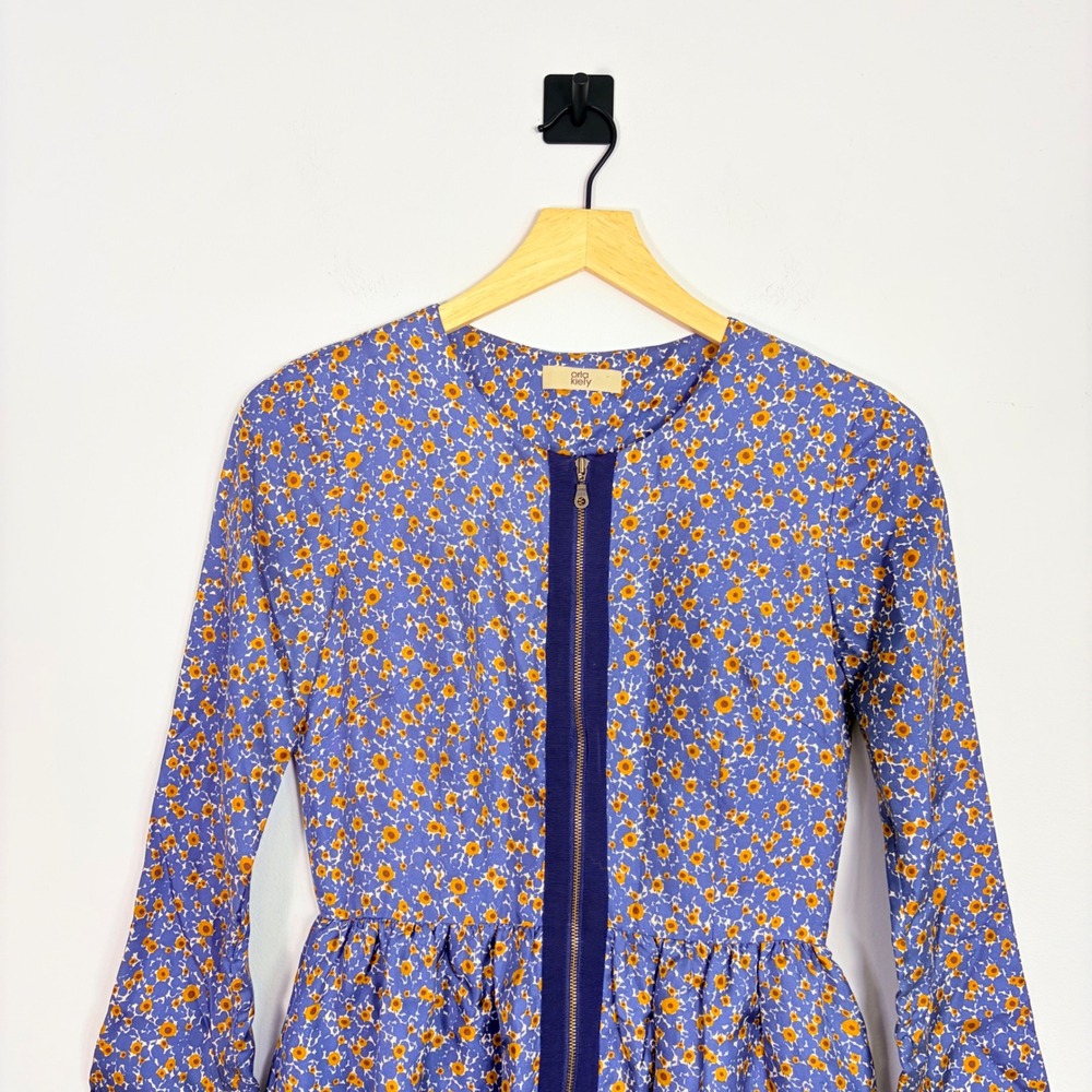 Orla Kiely Blue Yellow Floral 100% Silk Mini Dress US‎ 2 UK 6 Zip Front Pocket - Picture 3 of 7